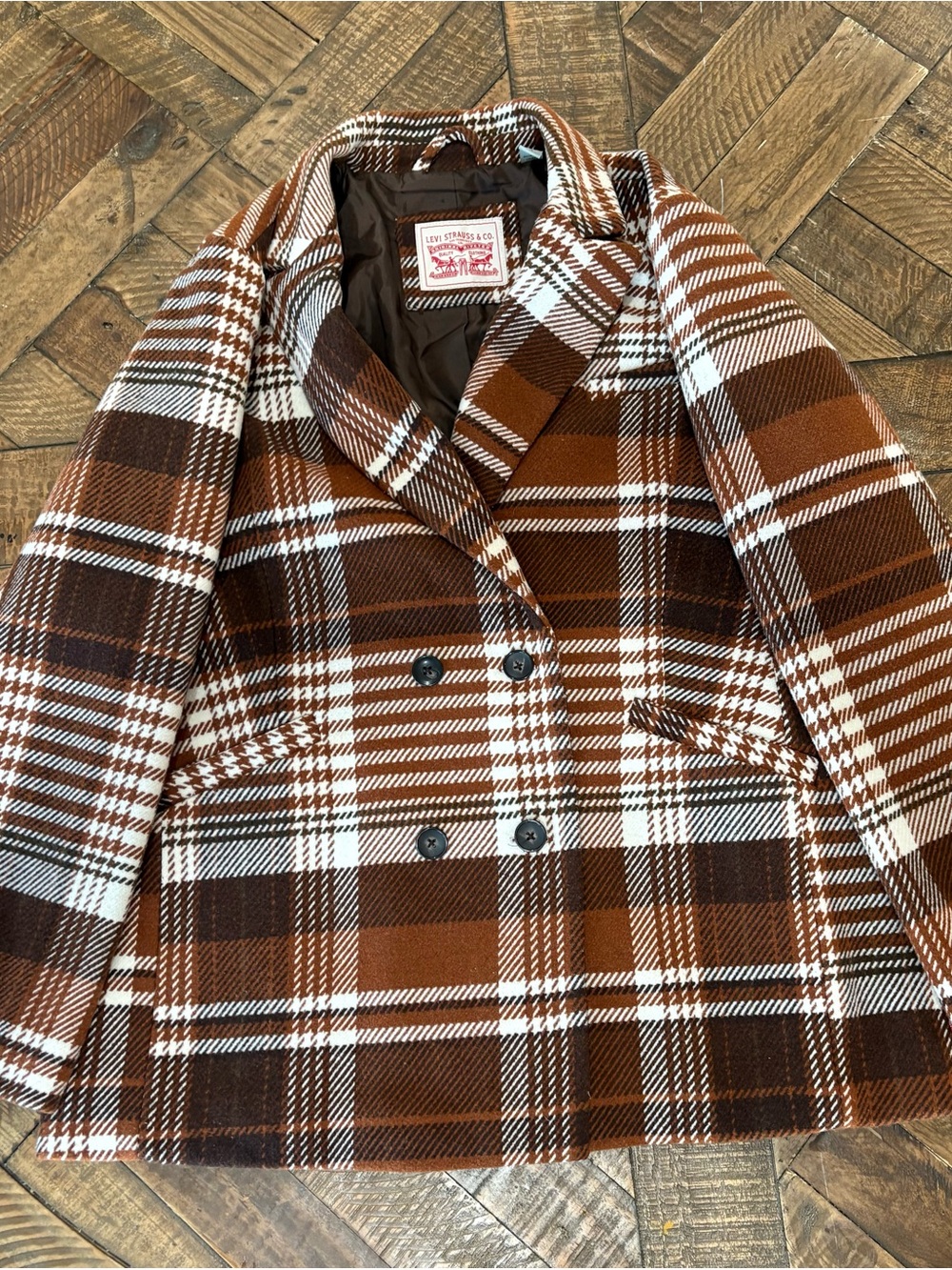 Levi’s Women’s L Brown Plaid Wool Blend Double Breasted Blazer Coat